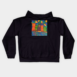 Whimsical Waterfront houses in brilliant colors Kids Hoodie